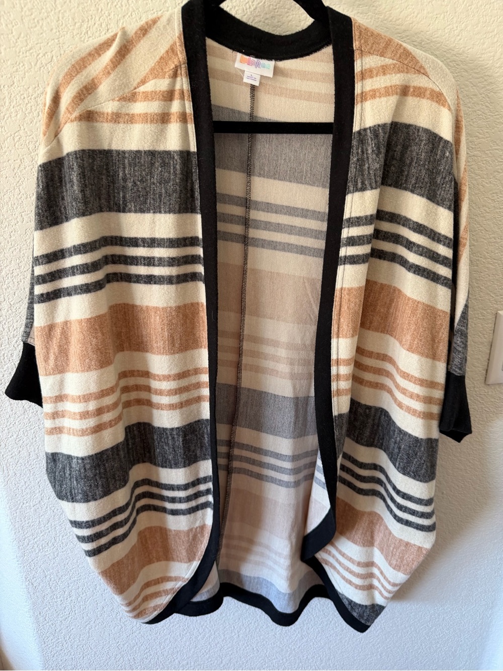 LuLaRoe Open-Front Striped Cardigan in Cream, Black & Tan
